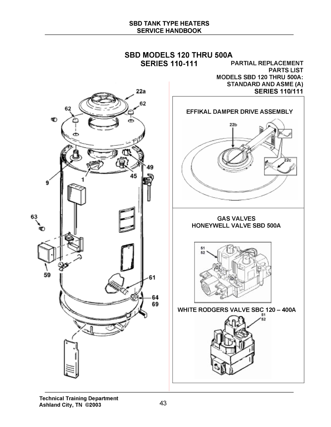 State Industries SBD85 500, SBD71 120 manual SBD Models 120 Thru 500A, Series 110/111 