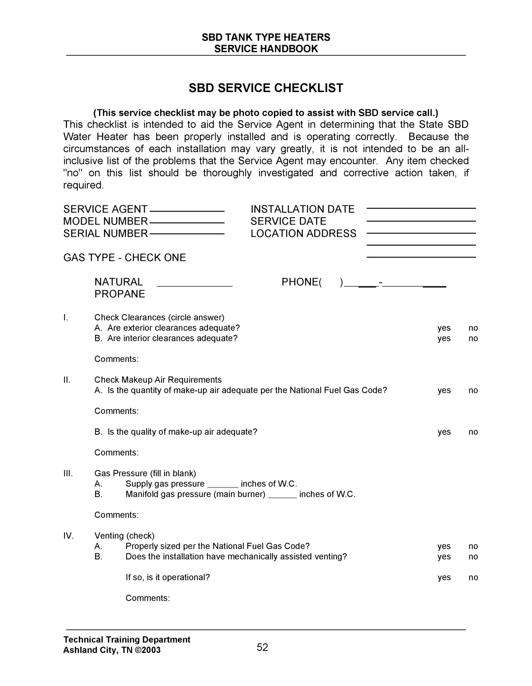 State Industries SBD71 120, SBD85 500 manual SBD Service Checklist, Natural Propane 