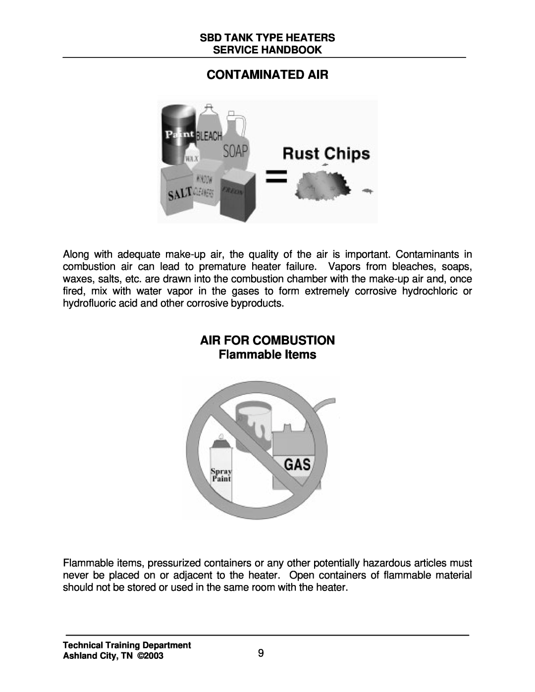 State Industries SBD85 500 Contaminated Air, AIR FOR COMBUSTION Flammable Items, Sbd Tank Type Heaters Service Handbook 