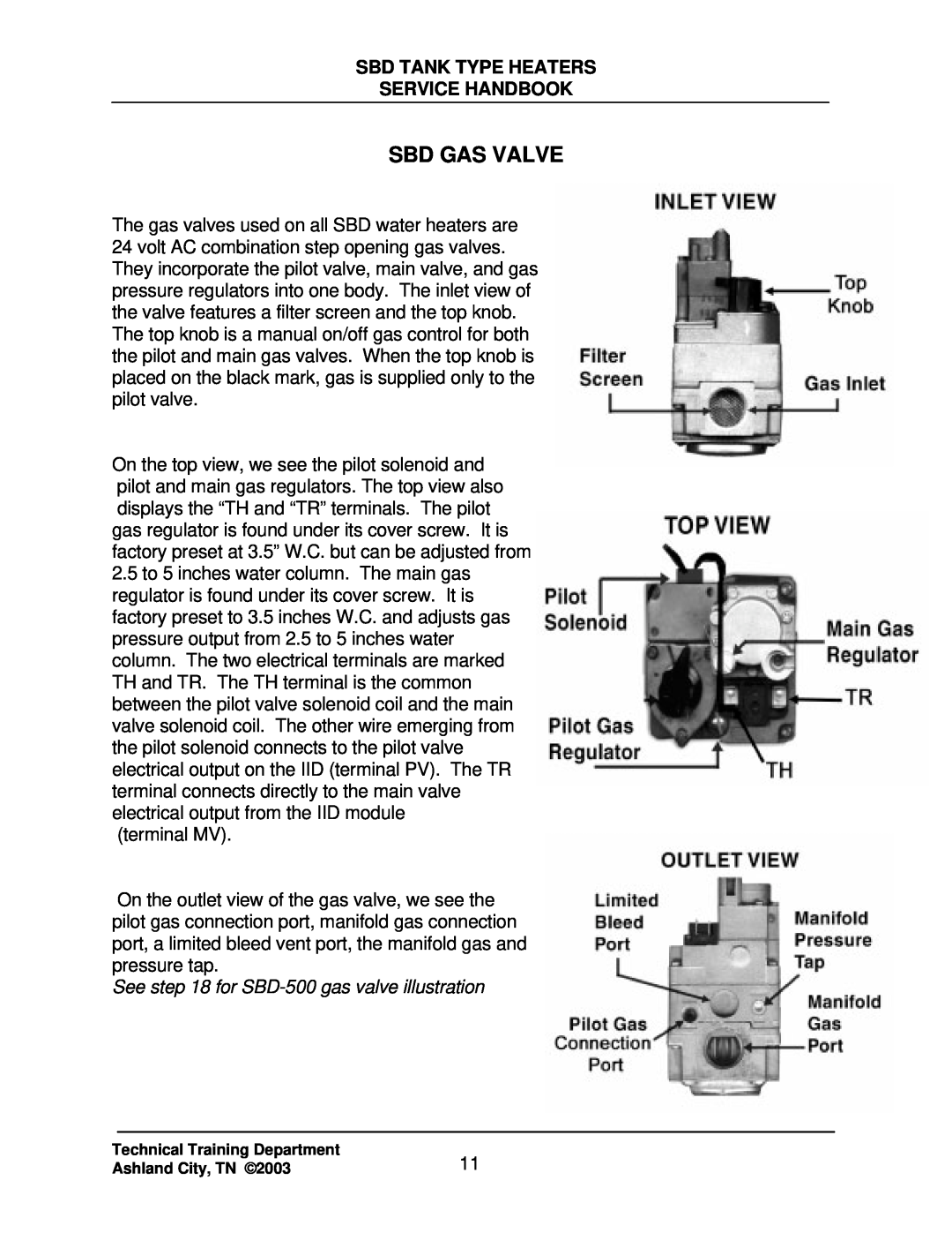 State Industries SBD85 500 Sbd Gas Valve, Sbd Tank Type Heaters Service Handbook, See for SBD-500gas valve illustration 