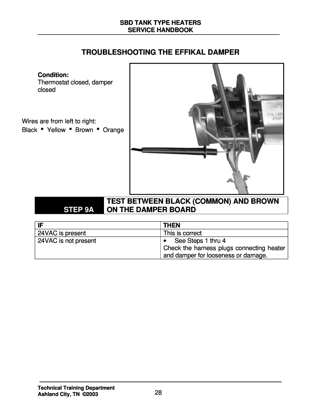 State Industries SBD71 120 Troubleshooting The Effikal Damper, A, Sbd Tank Type Heaters Service Handbook, Condition, Then 