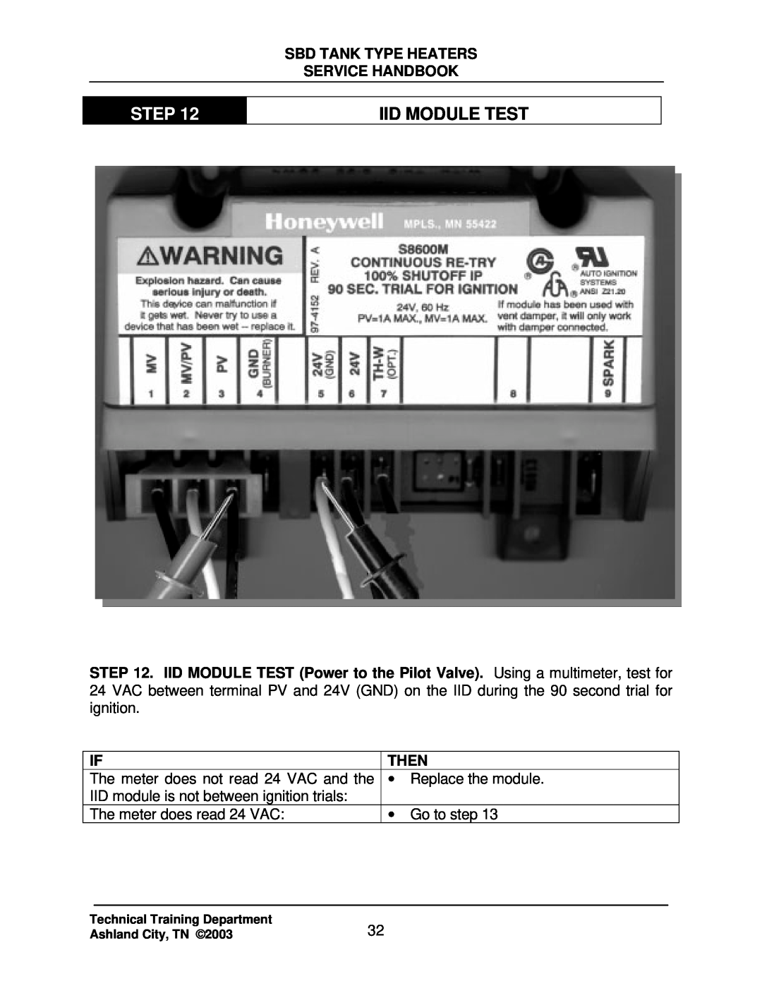 State Industries SBD71 120, SBD85 500 manual Iid Module Test, Step, Sbd Tank Type Heaters Service Handbook, Then 