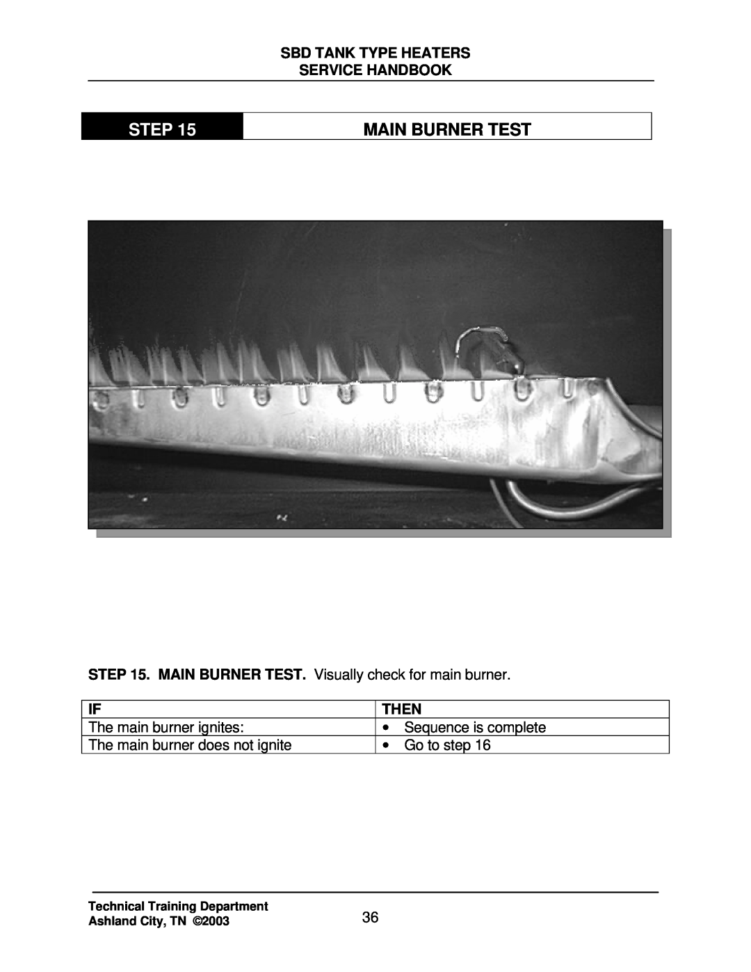 State Industries SBD71 120, SBD85 500 manual Main Burner Test, Step, Sbd Tank Type Heaters Service Handbook, Then 