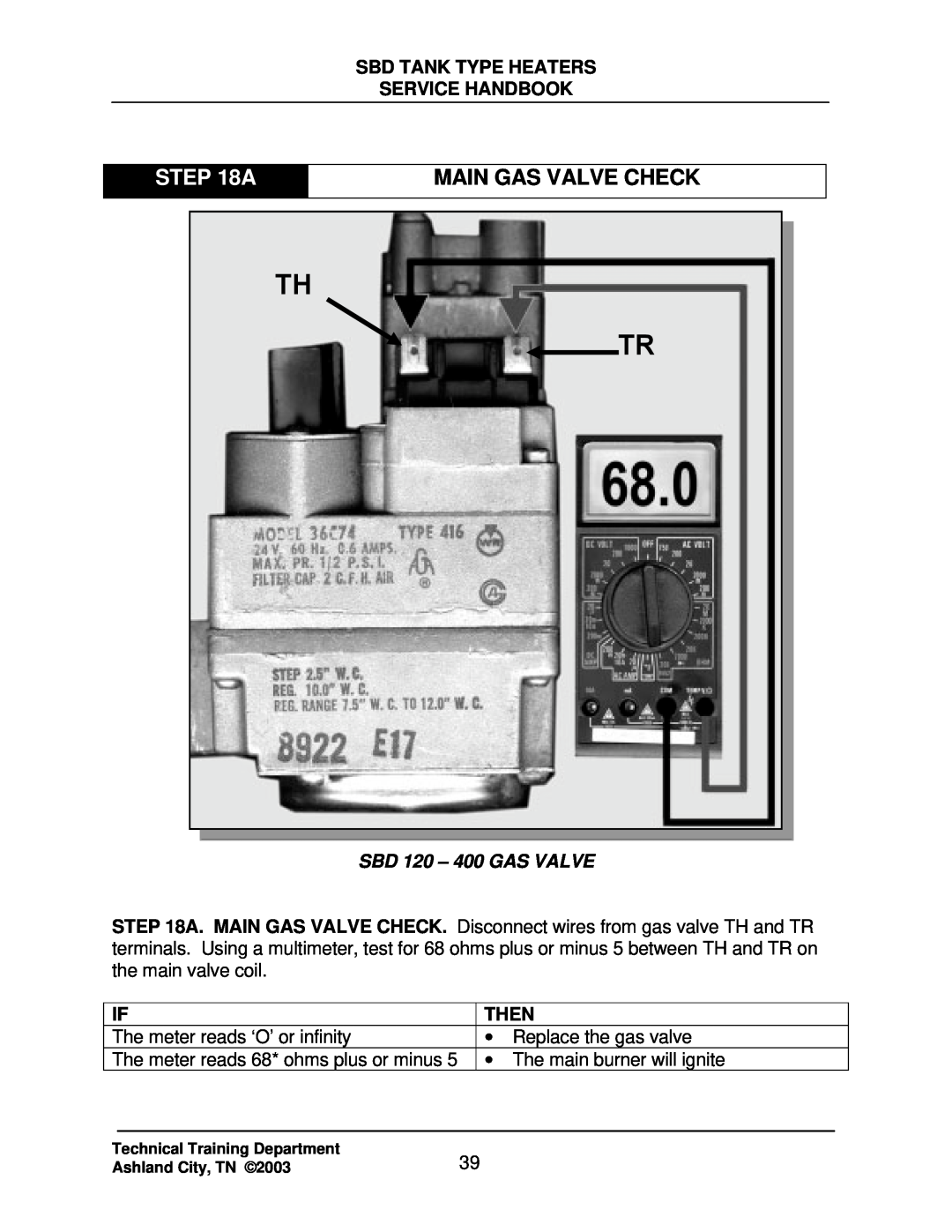 State Industries SBD85 500, SBD71 120 manual A, Main Gas Valve Check, Th Tr, Sbd Tank Type Heaters Service Handbook, Then 