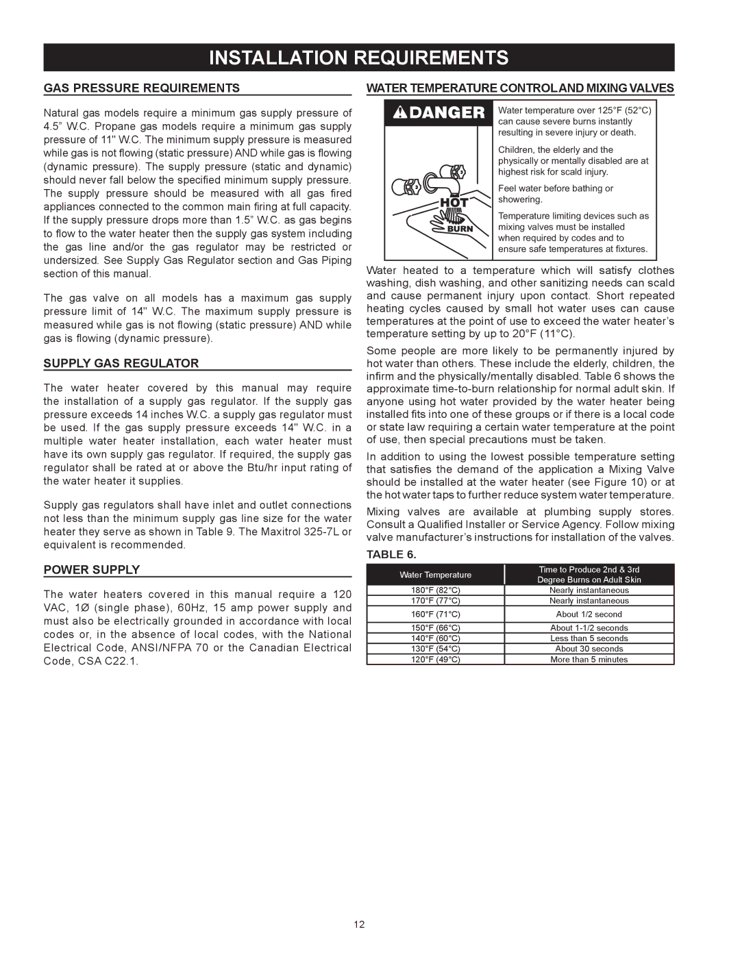 State Industries SBD85500NE Installation Requirements, Gas Pressure Requirements, Supply Gas Regulator, Power Supply 