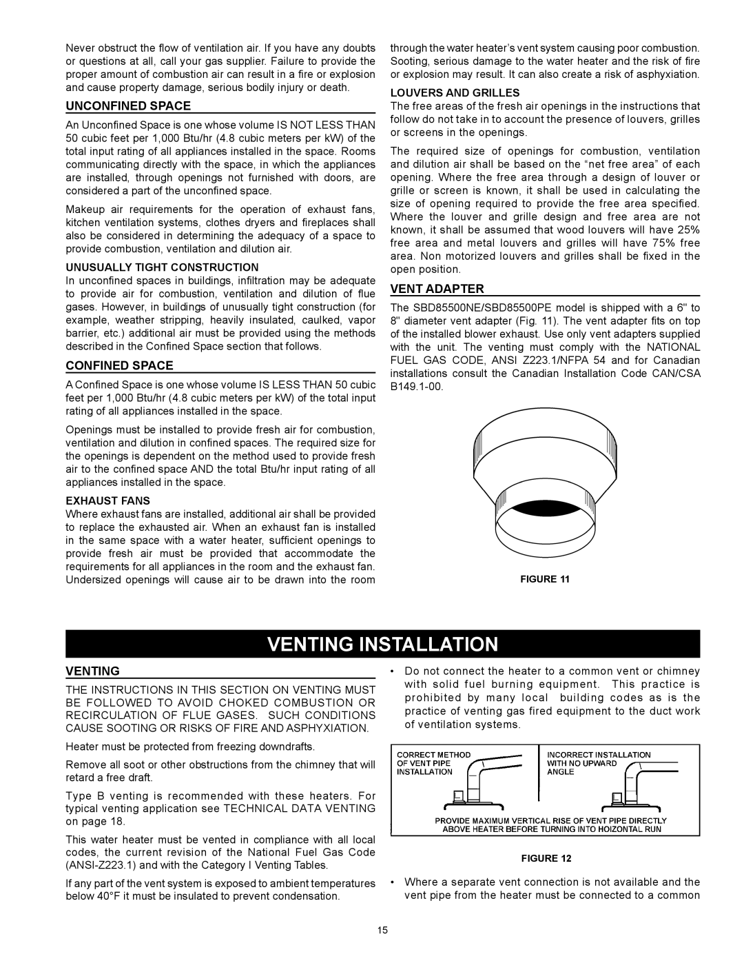 State Industries SBD85500PE, SBD85500NE VENTING Installation, Unconfined Space, Confined Space, Vent Adapter, Venting 