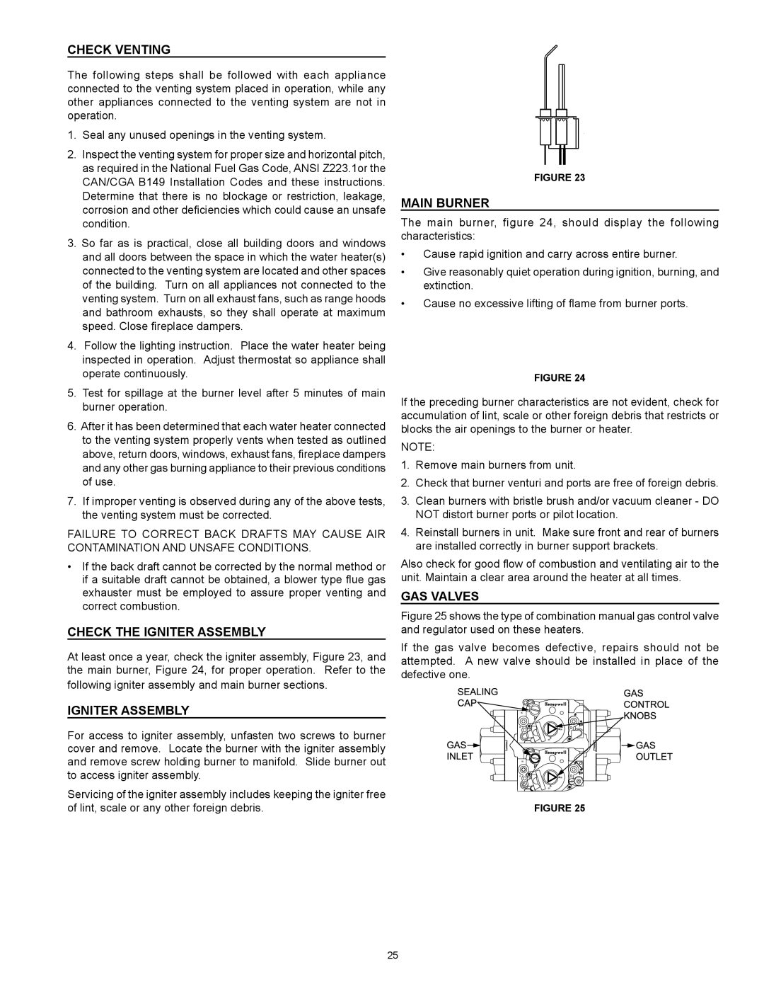 State Industries SBD85500PE, SBD85500NE Check Venting, Check the Igniter Assembly, Main Burner, Gas Valves 