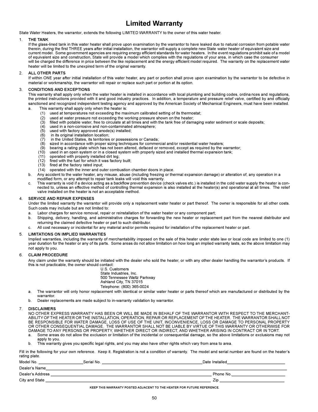 State Industries SBD85500NE, SBD85500PE instruction manual Limited Warranty 