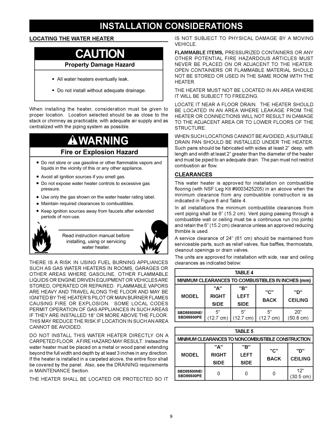 State Industries SBD85500PE, SBD85500NE Locating the Water Heater, Clearances, Model Right Left Back Ceiling Side 
