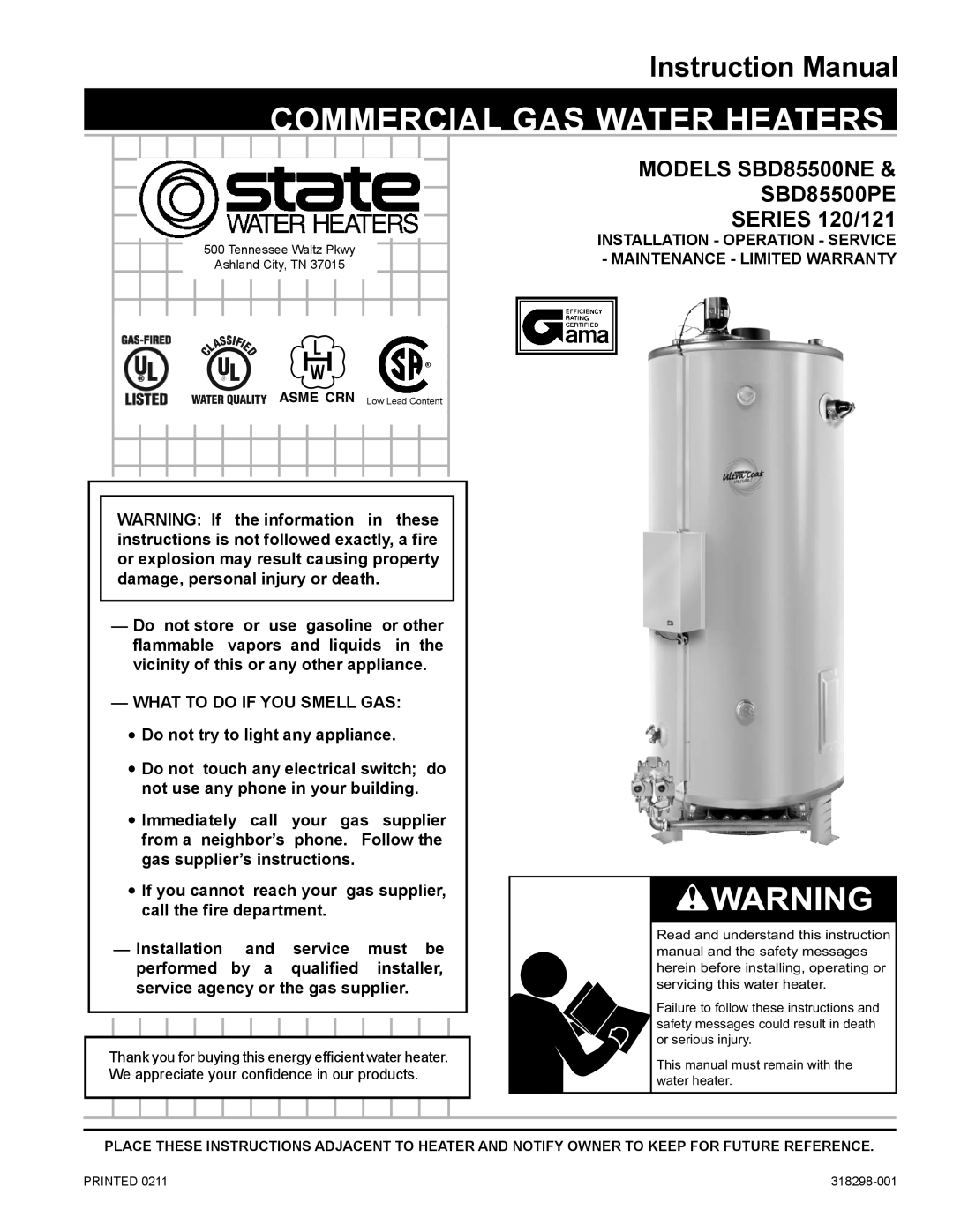 State Industries instruction manual Instruction Manual, MODELS SBD85500NE & SBD85500PE SERIES 120/121 