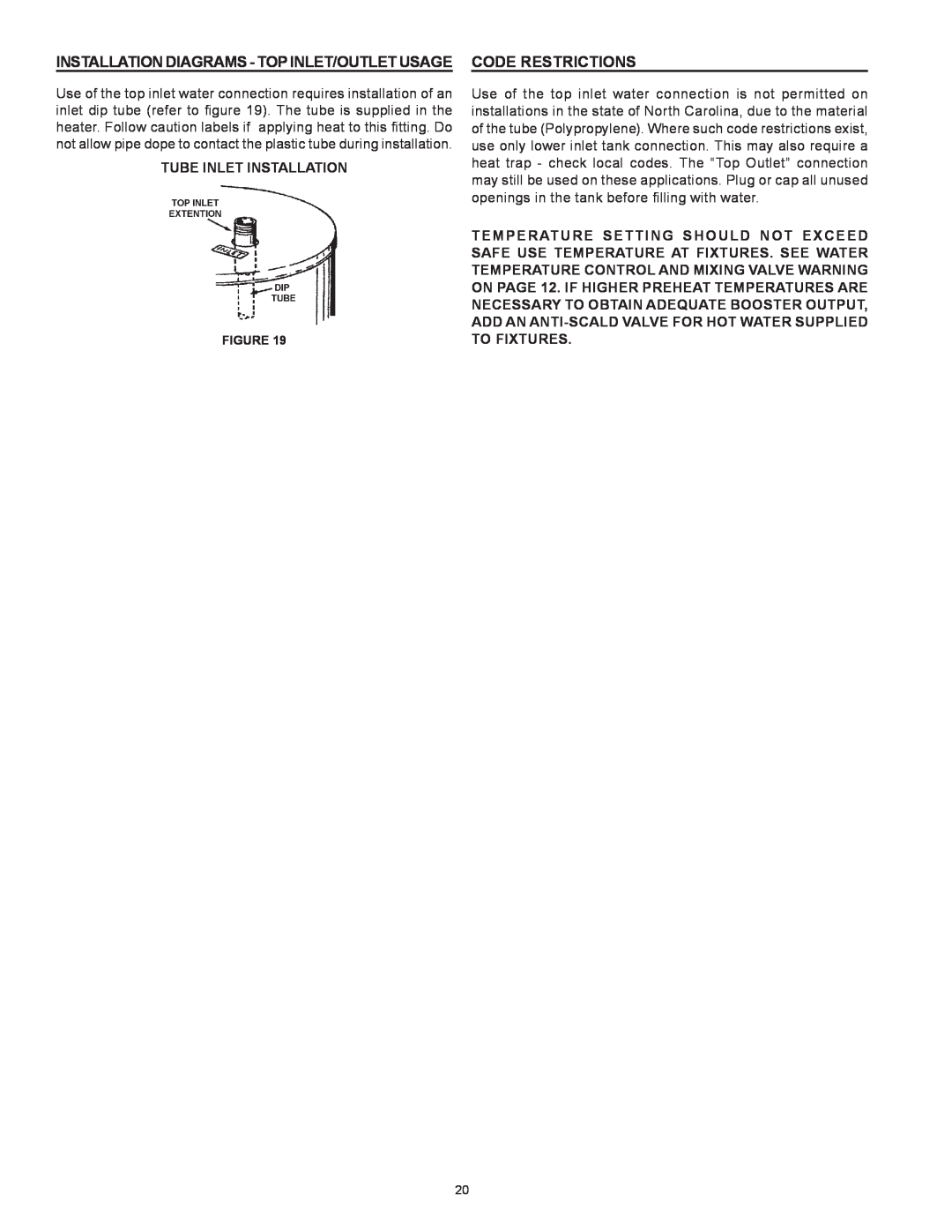 State Industries SBD85500NE Installation Diagrams - Top Inlet/Outlet Usage, Code Restrictions, Tube Inlet Installation 