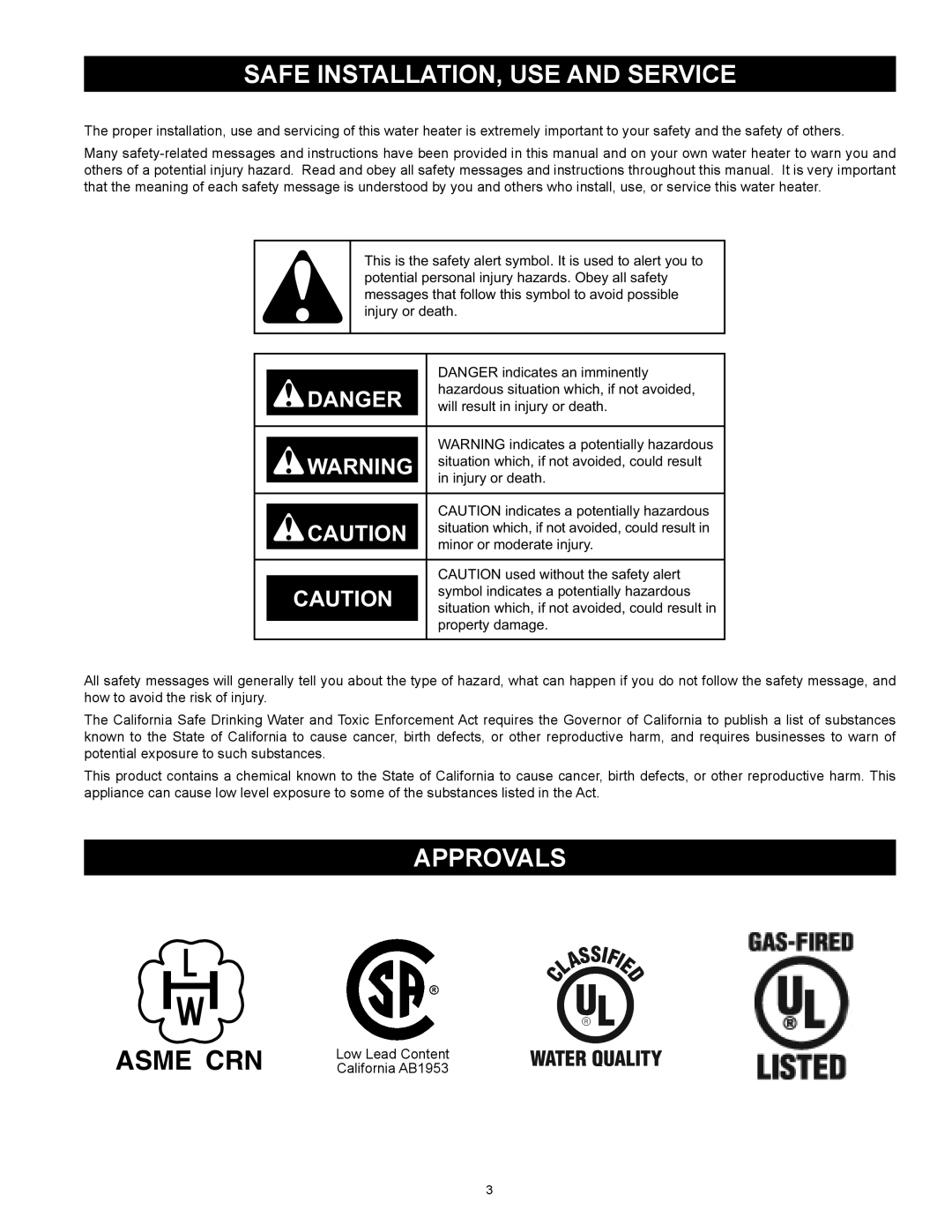 State Industries SBD85500PE, SBD85500NE instruction manual Safe Installation, Use and Service, Approvals, Asme Crn, Danger 