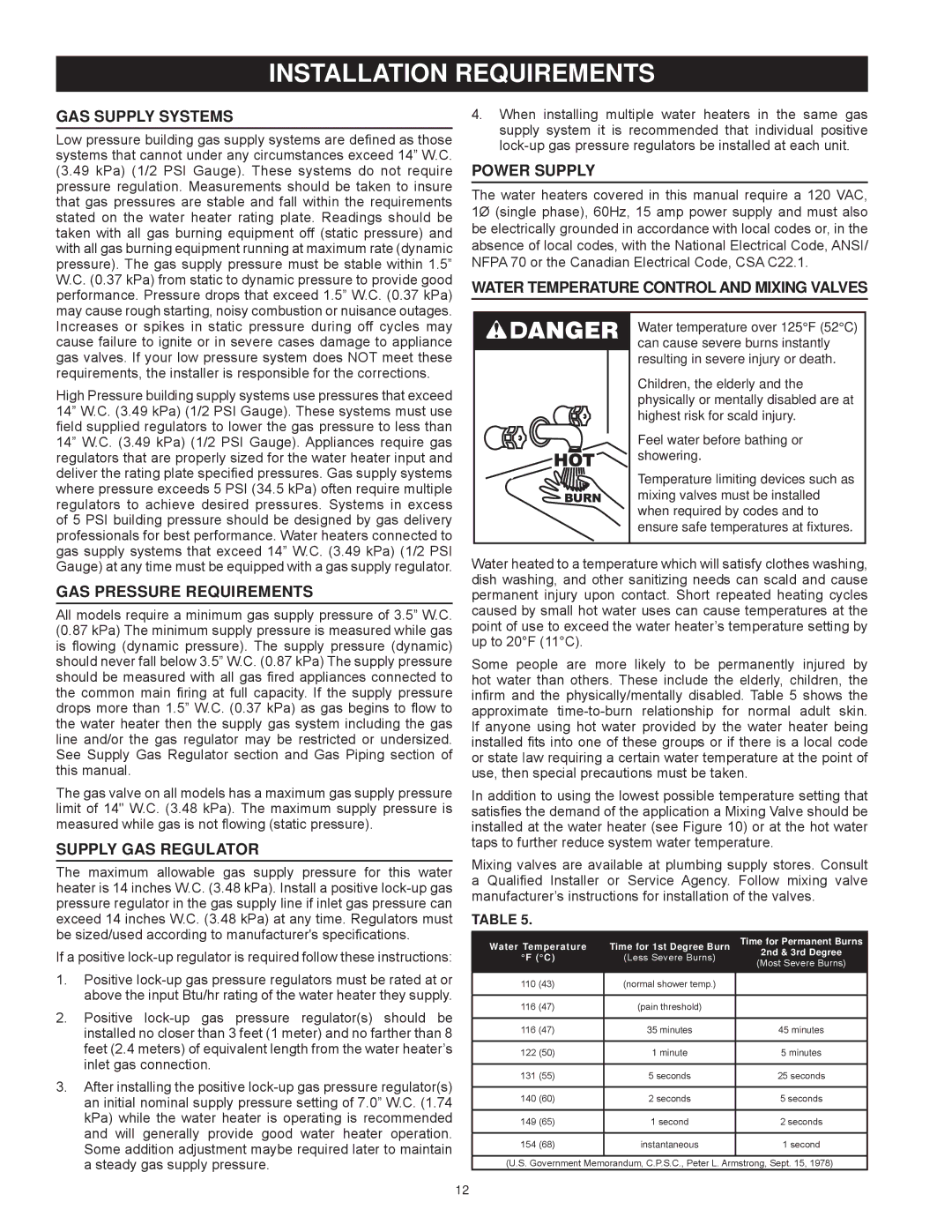 State Industries SBL85 275NE(A), SBL85 390NE(A), SBL95 199NE instruction manual Installation Requirements 