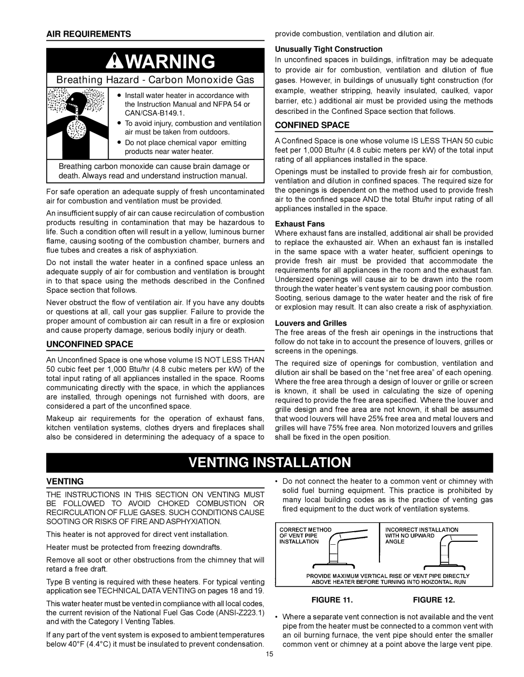 State Industries SBL85 275NE(A), SBL85 390NE(A), SBL95 199NE Air Requirements, Unconfined Space, Confined Space, Venting 