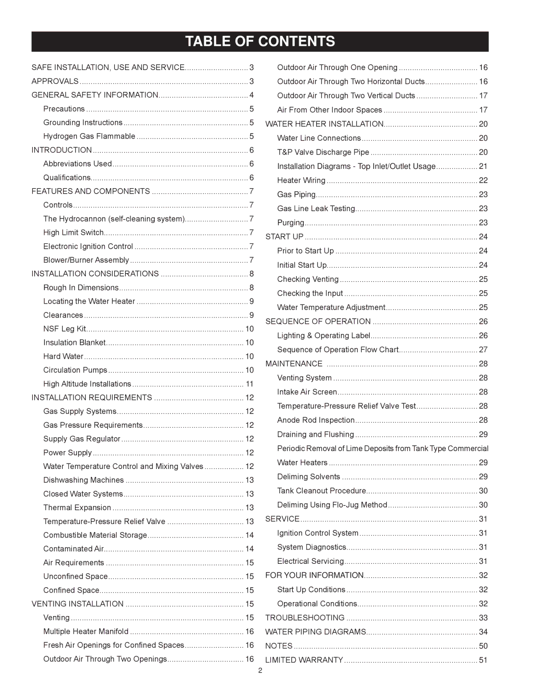 State Industries SBL95 199NE, SBL85 275NE(A), SBL85 390NE(A) instruction manual Table Of Contents 