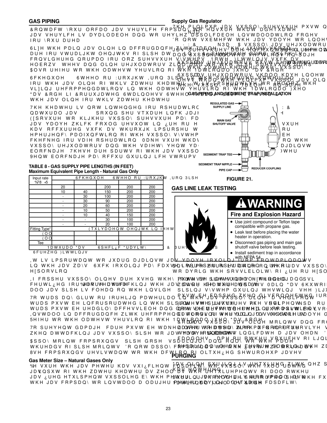 State Industries SBL95 199NE, SBL85 275NE(A) Gas Piping, Gas Line Leak Testing, Purging, Gas Meter Size Natural Gases Only 