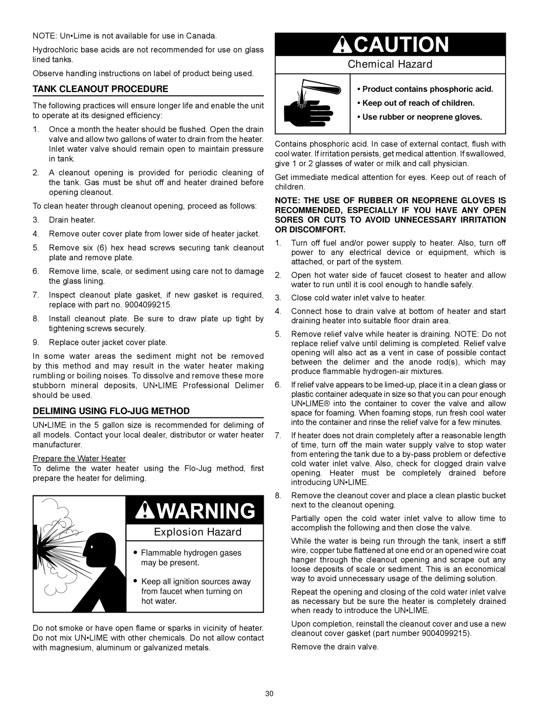 State Industries SBL85 275NE(A), SBL85 390NE(A) Chemical Hazard, Tank Cleanout Procedure, Deliming Using Flo-Jug Method 