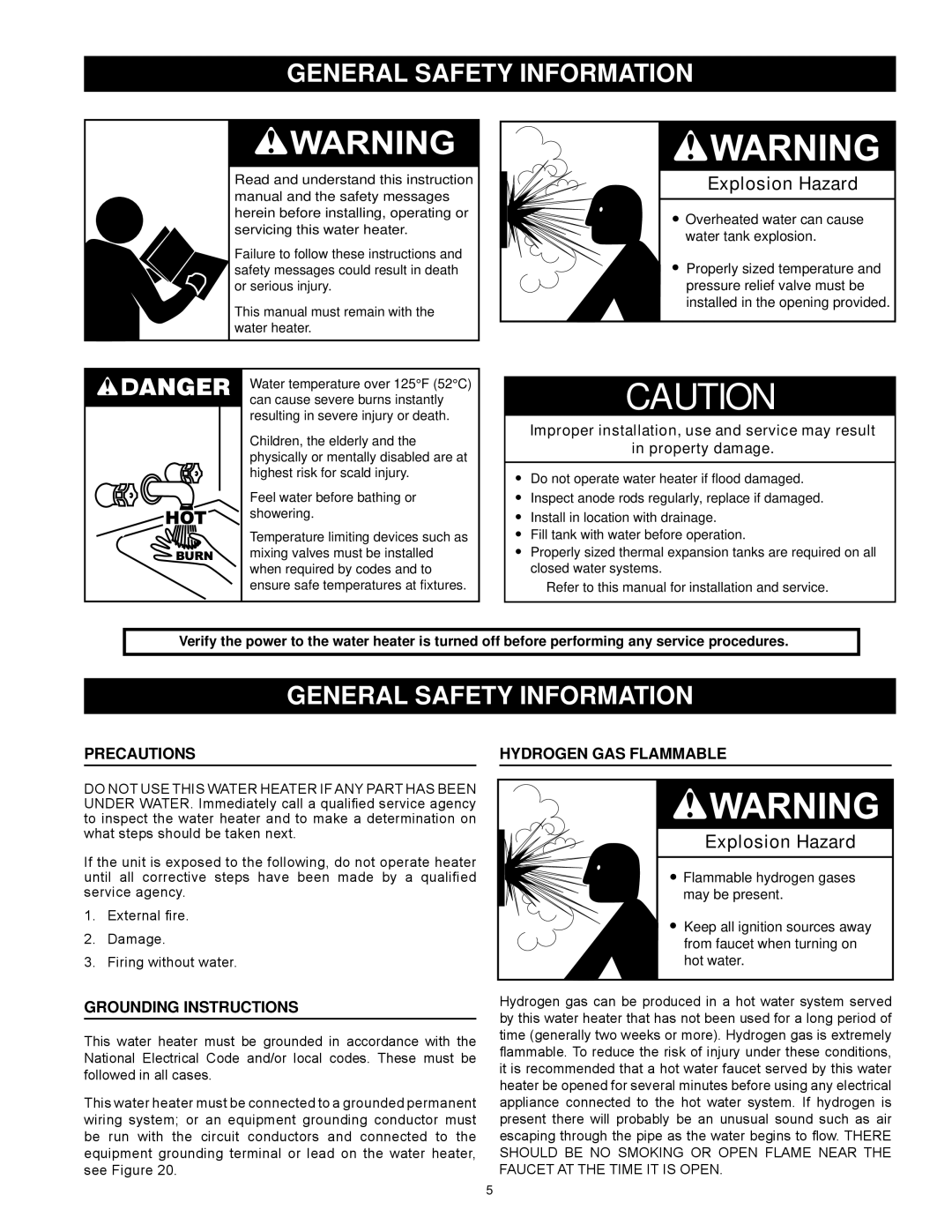 State Industries SBL95 199NE, SBL85 275NE(A), SBL85 390NE(A) Precautions, Grounding Instructions, Hydrogen Gas Flammable 