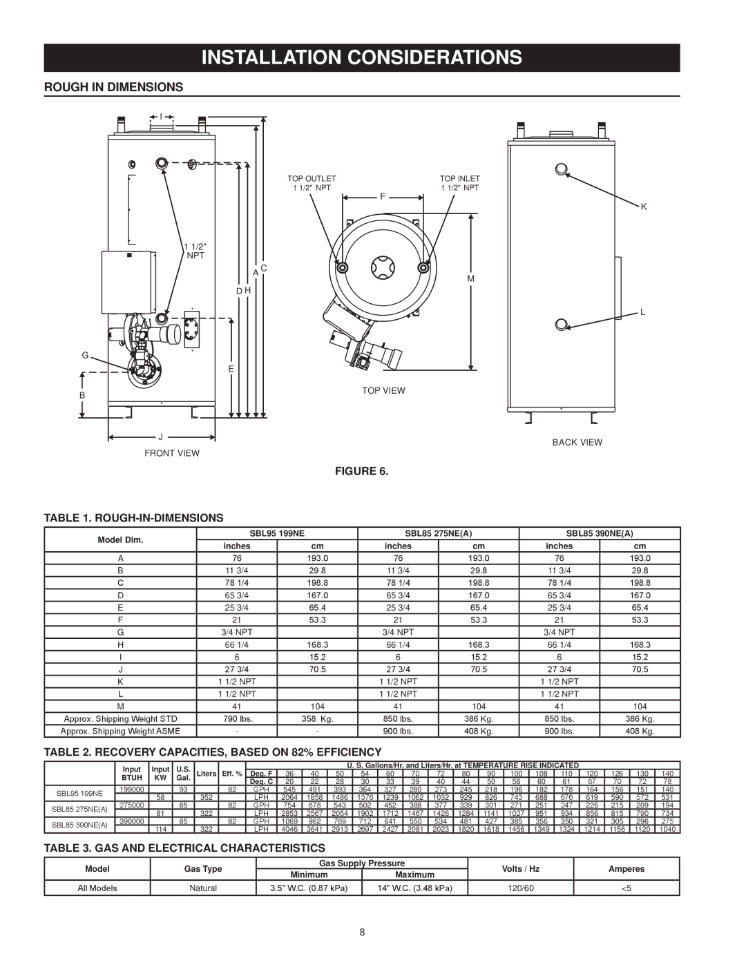 State Industries SBL95 199NE, SBL85 275NE(A) Installation considerations, Rough In Dimensions, Rough-In-Dimensions 