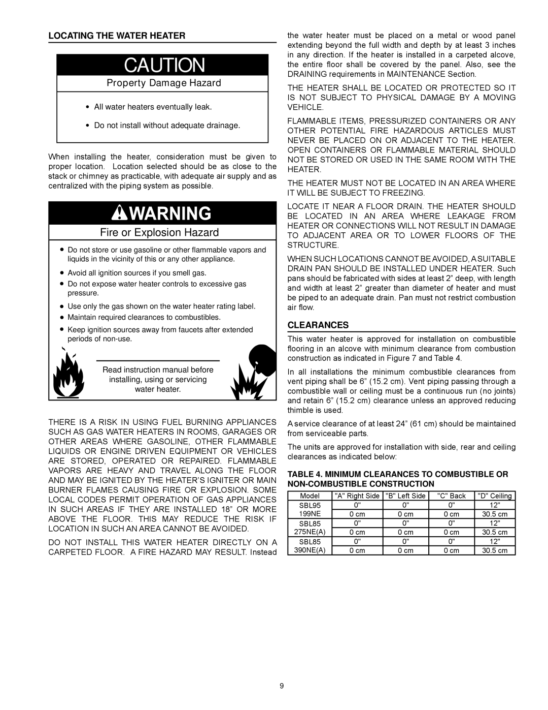 State Industries SBL85 275NE(A), SBL85 390NE(A), SBL95 199NE instruction manual Locating the Water Heater, Clearances 