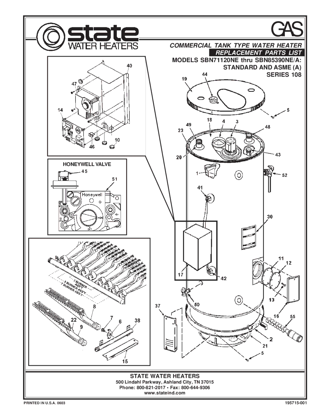 State Industries SBN85390NE manual Gas 