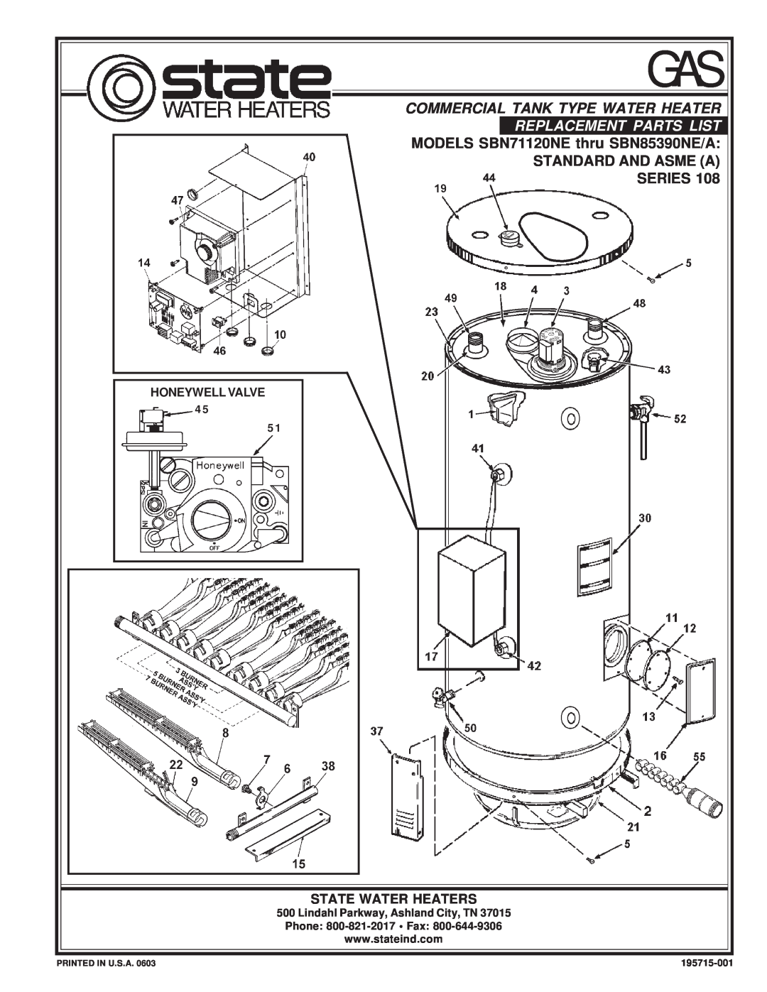 State Industries manual Commercial Tank Type Water Heater, MODELS SBN71120NE thru SBN85390NE/A, Standard And Asme A 