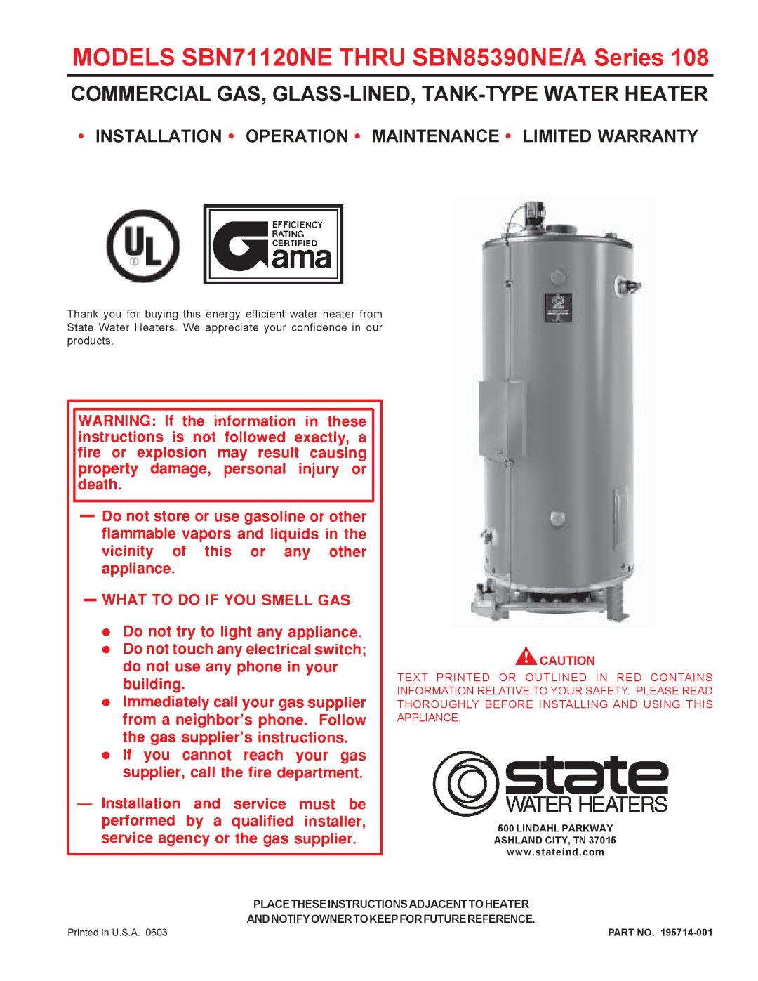 State Industries warranty Models SBN71120NE Thru SBN85390NE/A Series 