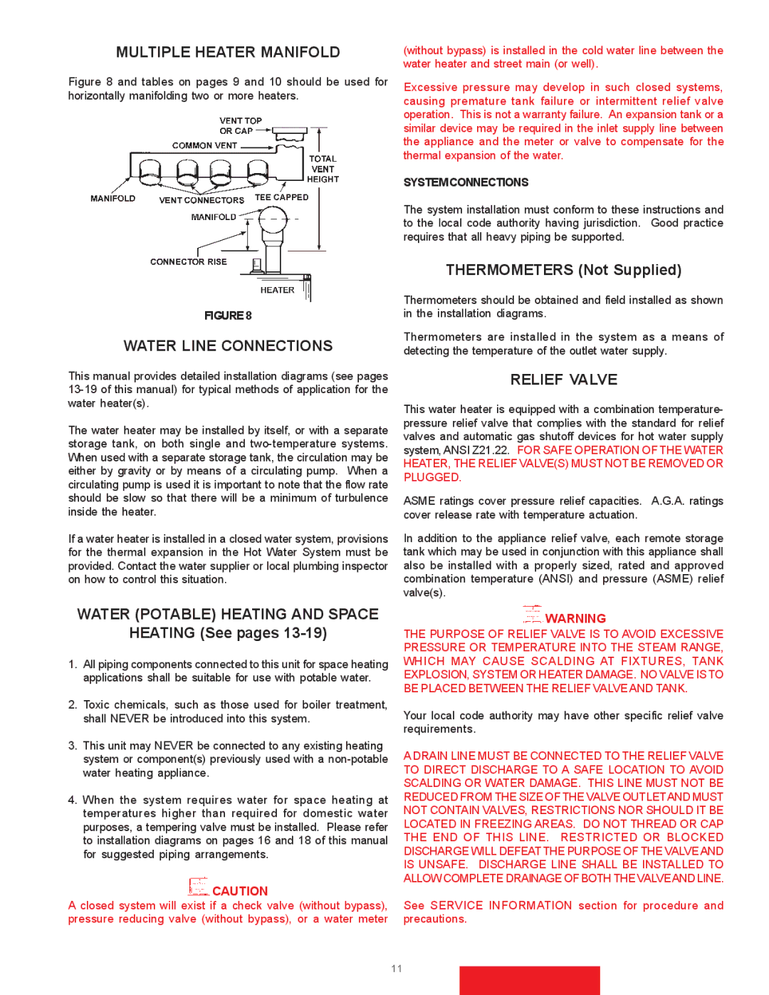 State Industries SBN85390NE/A warranty Multiple Heater Manifold, Water Line Connections, Water Potable Heating and Space 