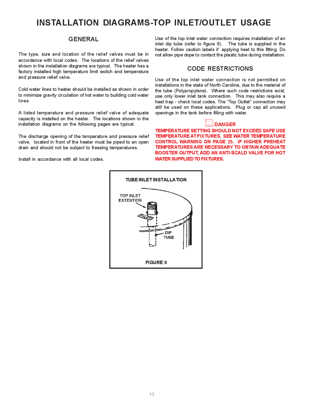 State Industries SBN85390NE/A warranty Installation DIAGRAMS-TOP INLET/OUTLET Usage, General, Code Restrictions 