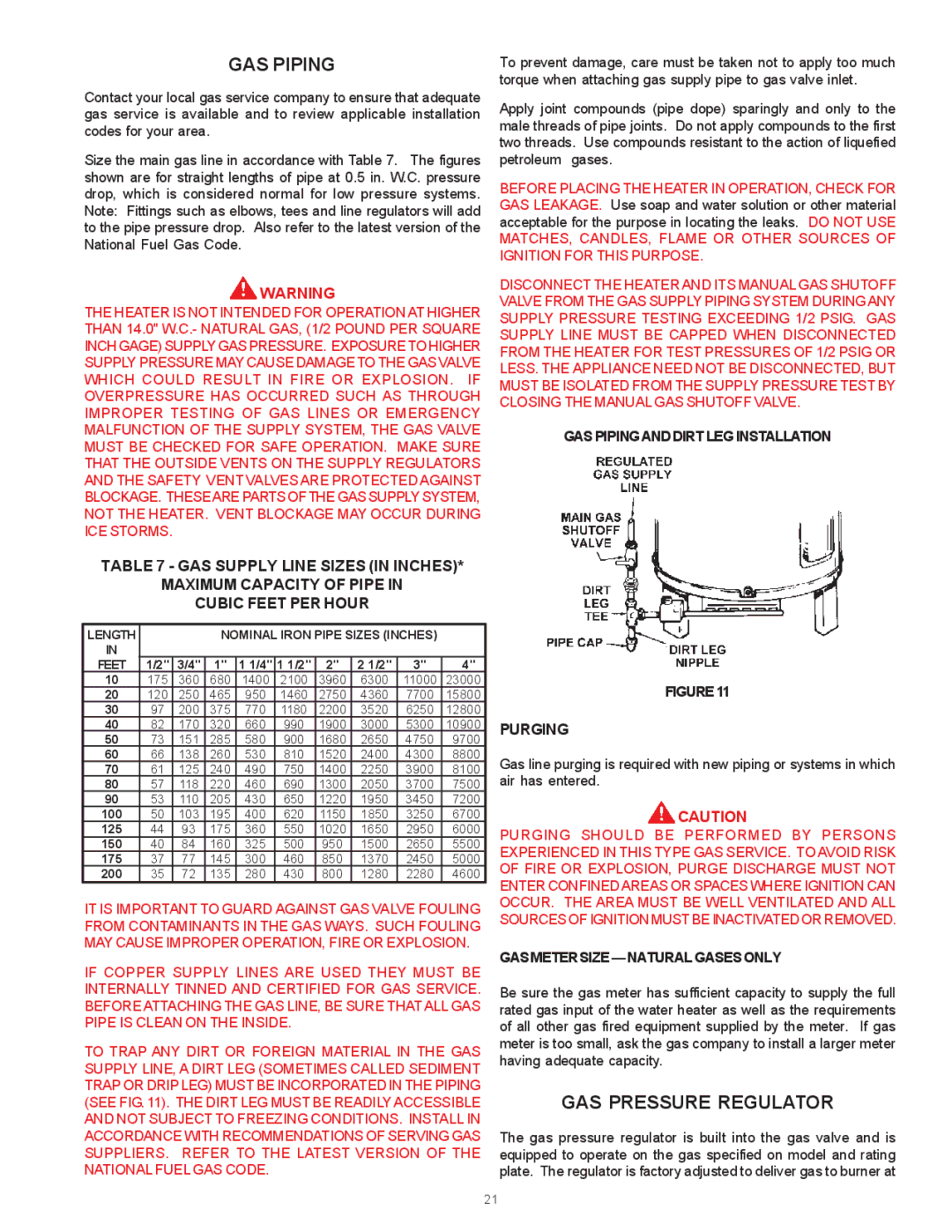 State Industries SBN85390NE/A warranty GAS Pressure Regulator, Purging, GAS Pipingand Dirt LEG Installation 