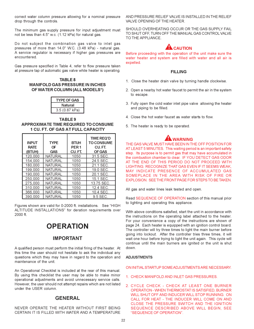 State Industries SBN85390NE/A warranty Operation, Manifold GAS Pressure in Inches Water Column ALL Models, Filling 