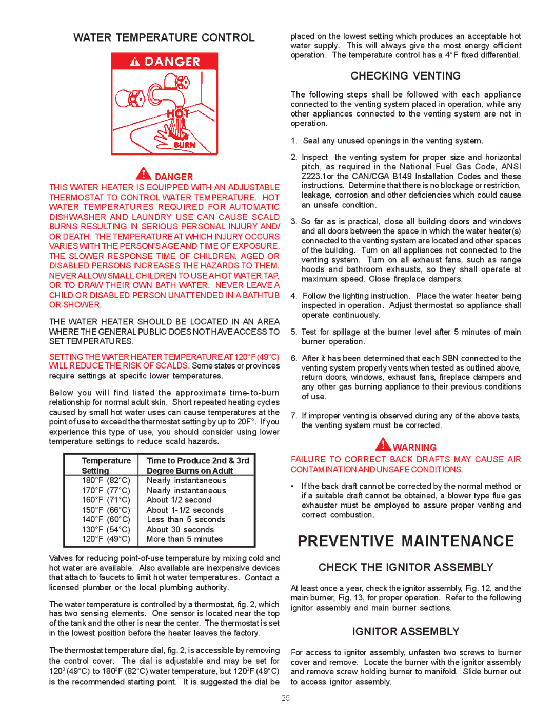 State Industries SBN85390NE/A Preventive Maintenance, Water Temperature Control, Checking Venting, Ignitor Assembly 