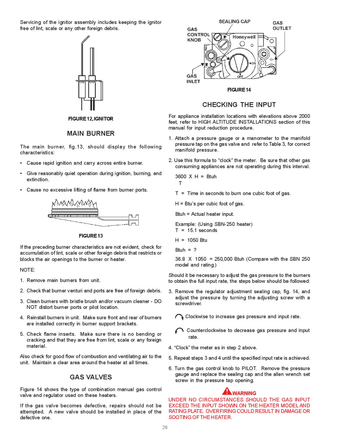 State Industries SBN85390NE/A warranty Main Burner, GAS Valves, Checking the Input 