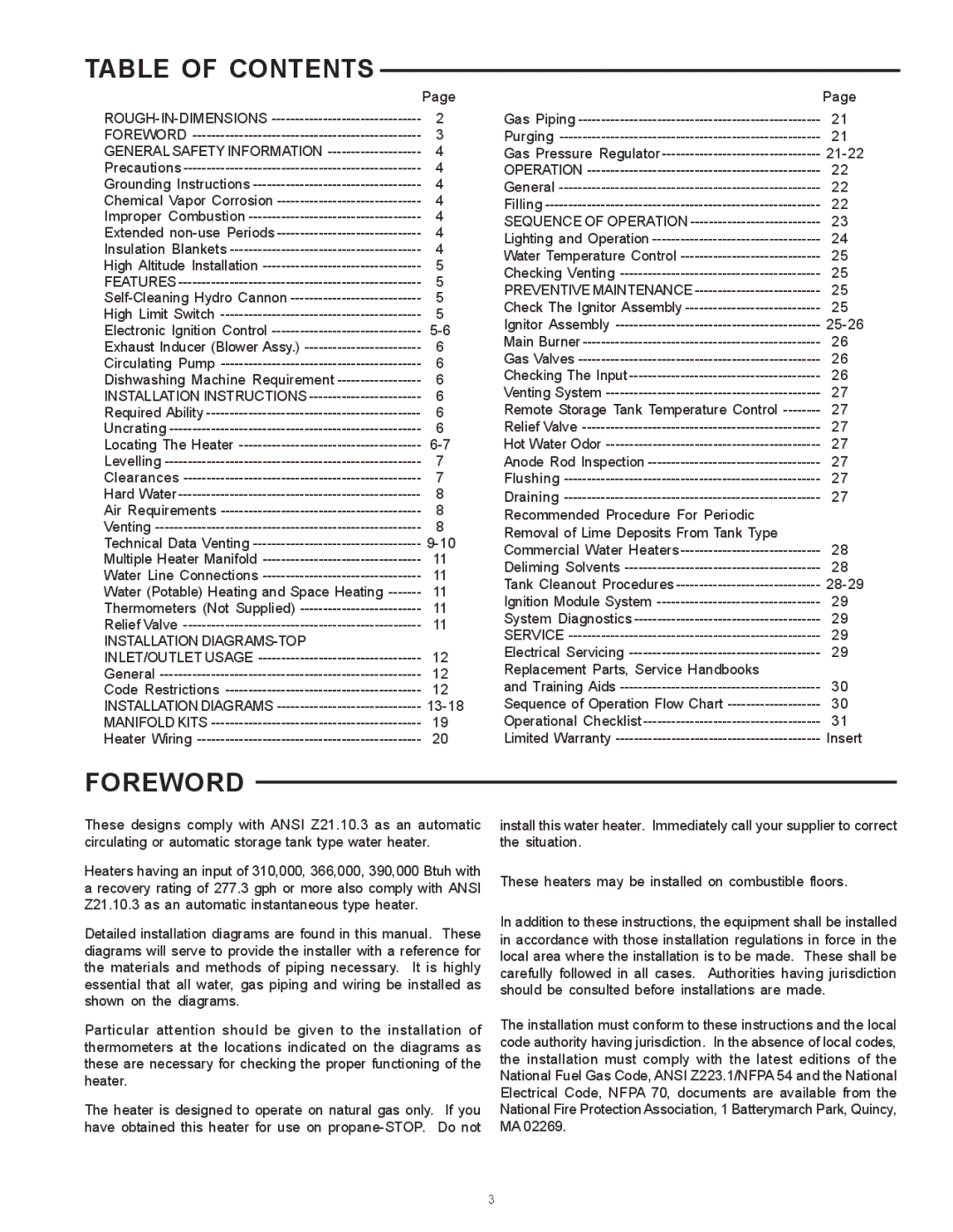 State Industries SBN85390NE/A warranty Table of Contents, Foreword 