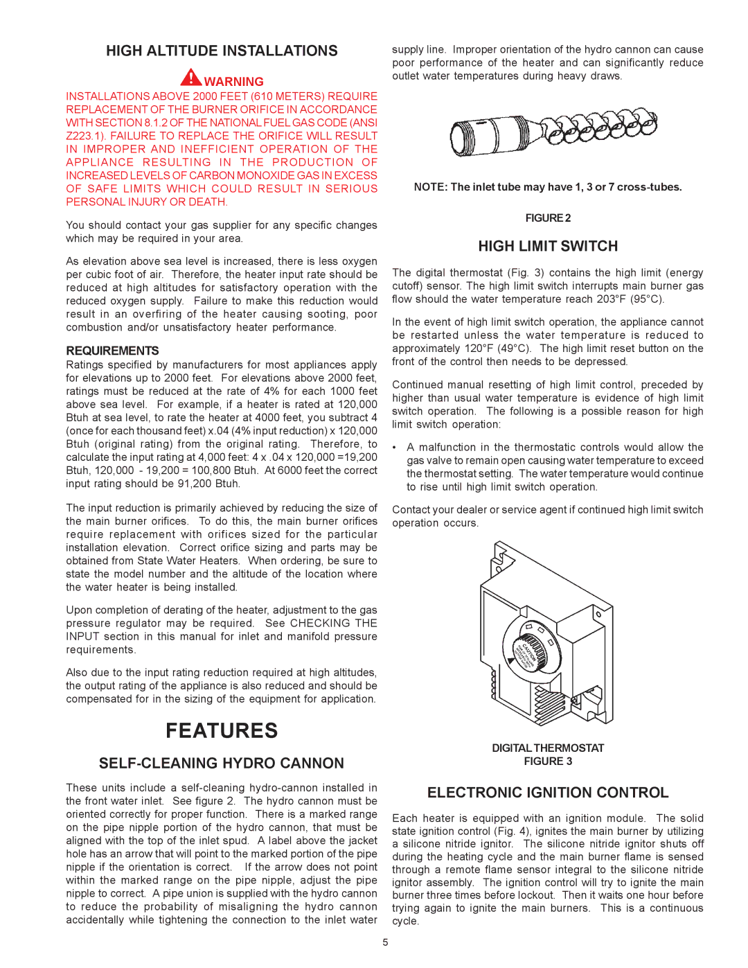 State Industries SBN85390NE/A warranty Features, High Altitude Installations, SELF-CLEANING Hydro Cannon, High Limit Switch 