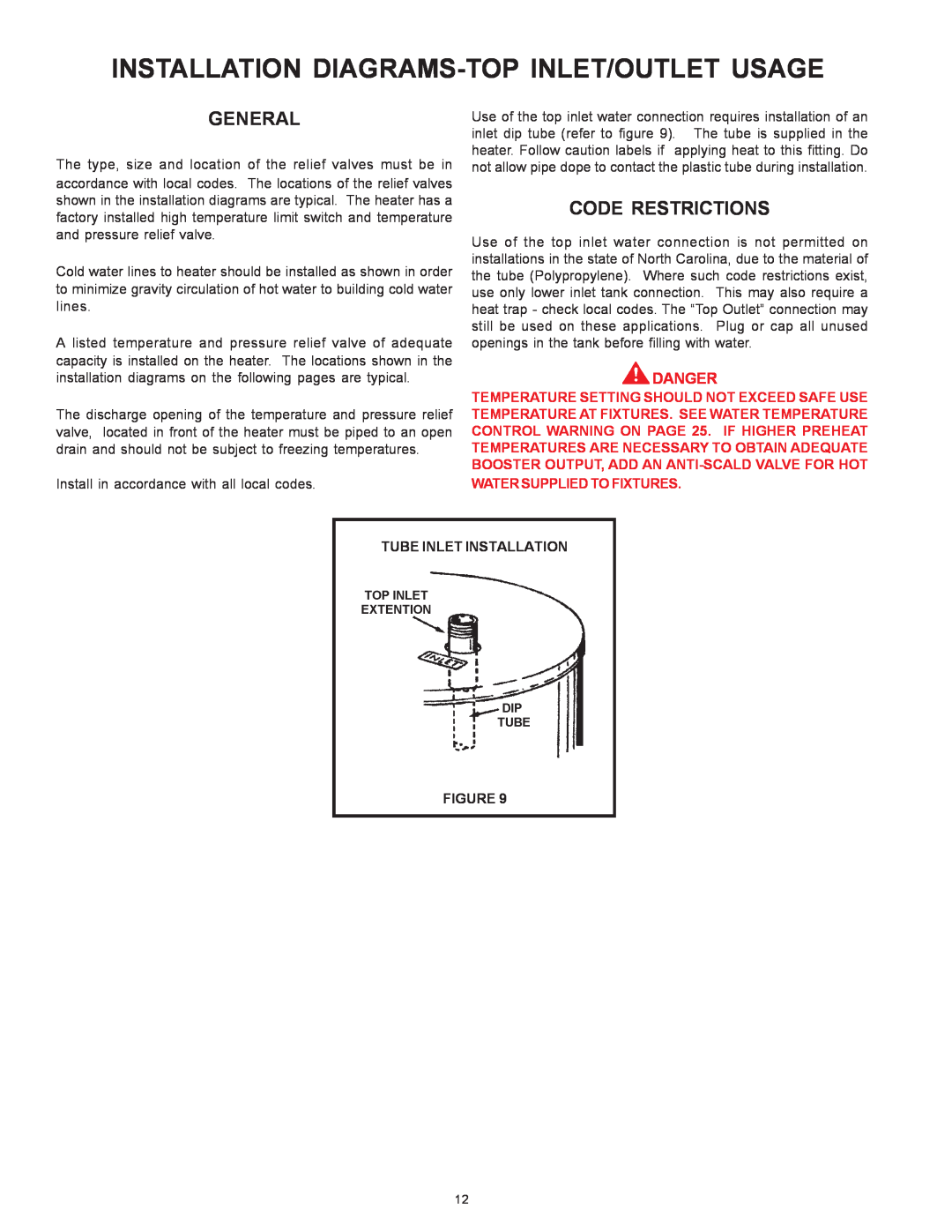 State Industries SBN85390NE/A warranty Installation Diagrams-Top Inlet/Outlet Usage, General, Code Restrictions, Danger 