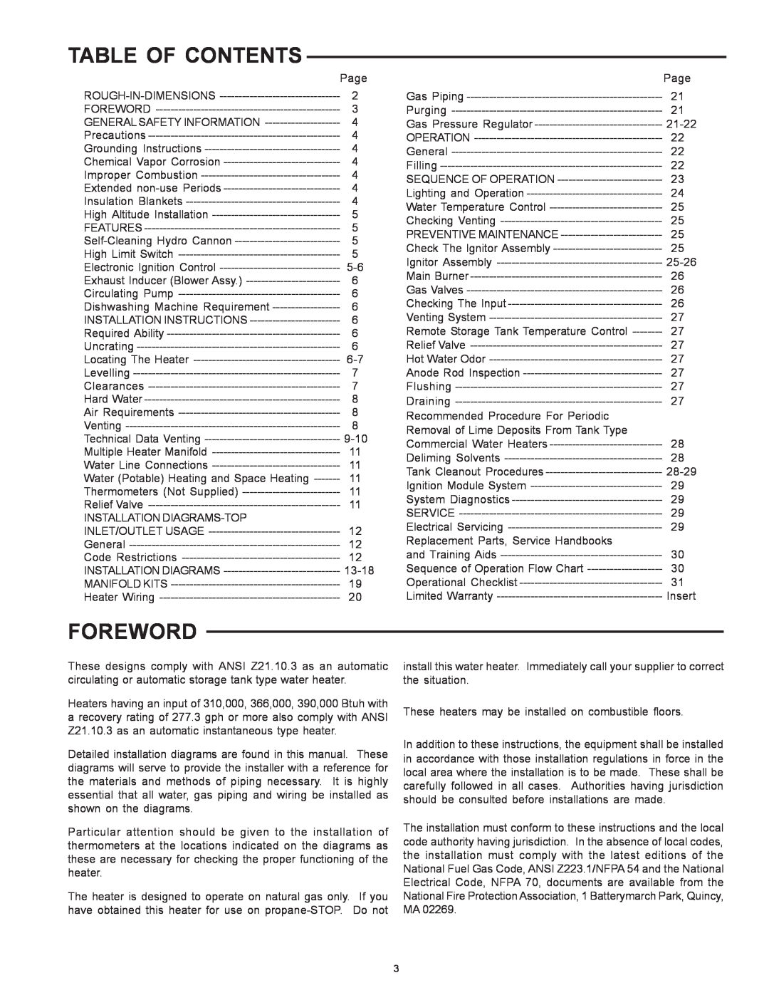 State Industries SBN85390NE/A warranty Table Of Contents, Foreword 
