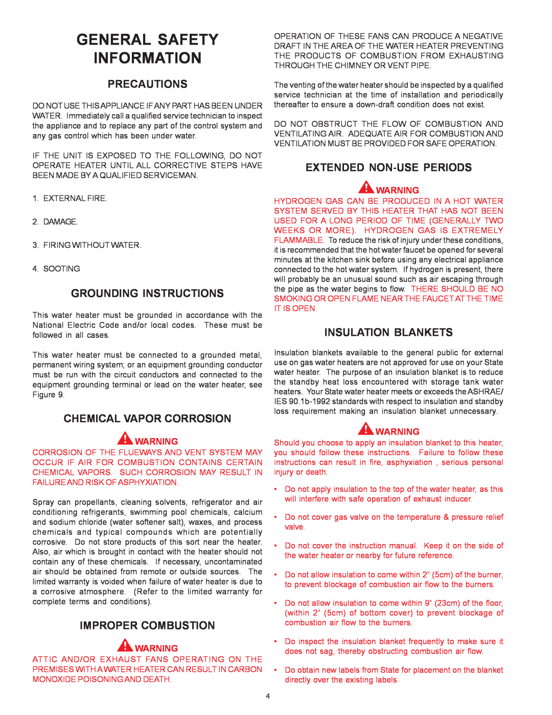 State Industries SBN85390NE/A General Safety Information, Precautions, Grounding Instructions, Chemical Vapor Corrosion 