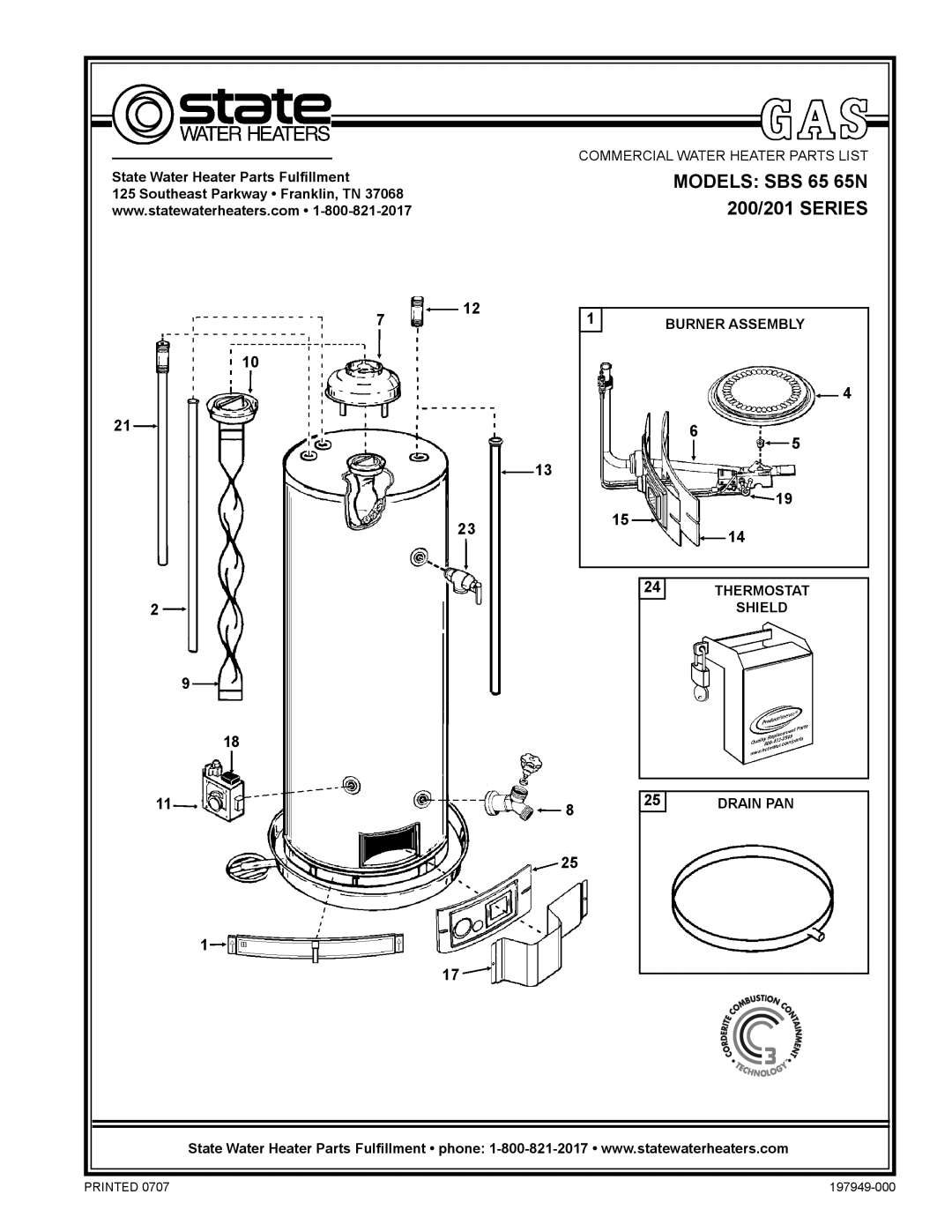 State Industries manual MODELS SBS 65 65N, 200/201 SERIES, Commercial Water Heater Parts List, Burner Assembly, Shield 