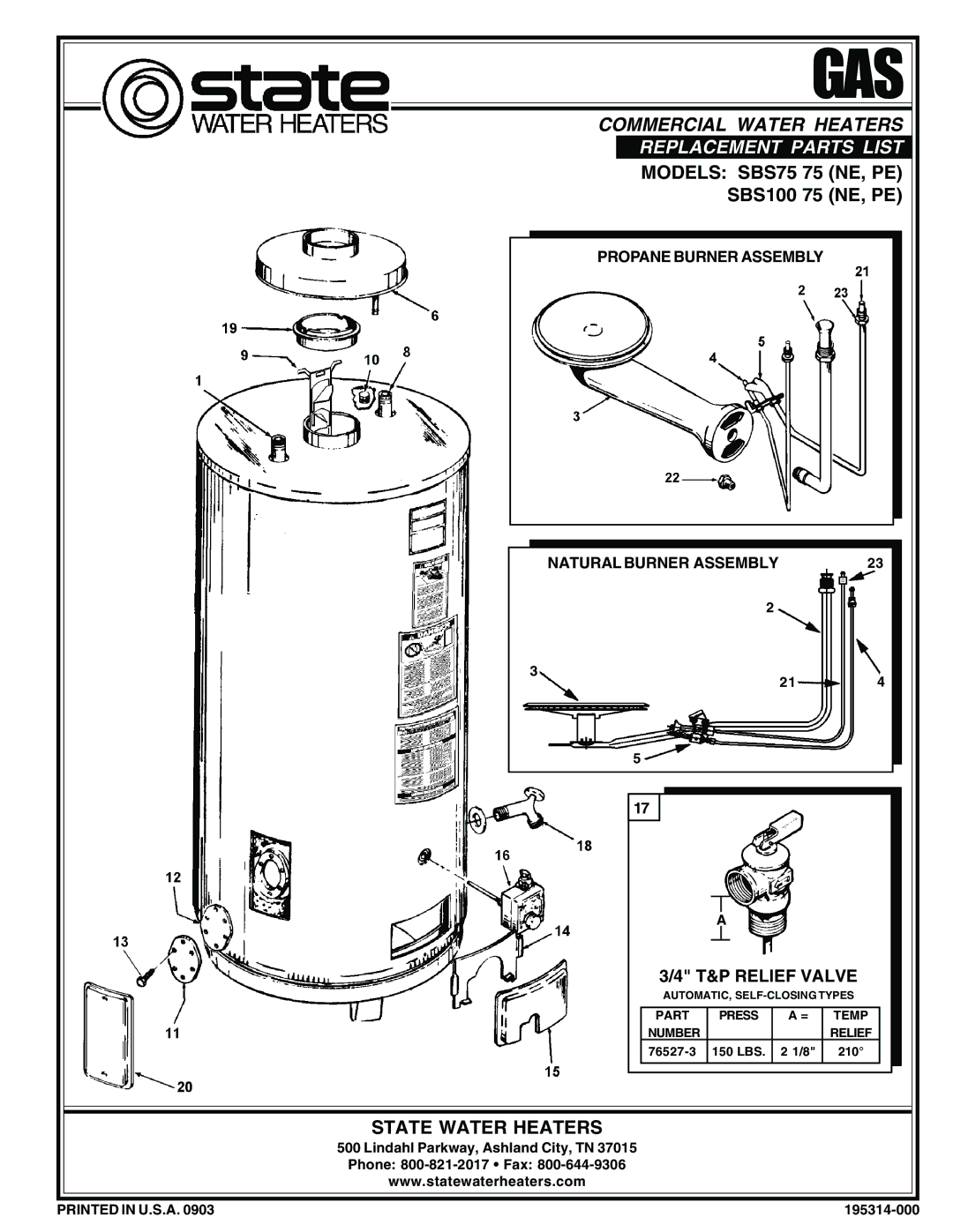 State Industries PE) manual Gas, Replacement Parts List, Models SBS75 75 NE, PE, SBS100 75 NE, PE, State Water Heaters 