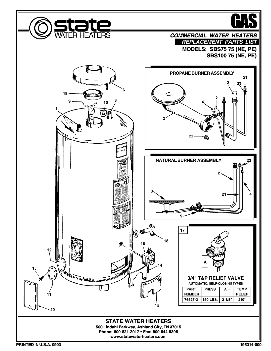 State Industries manual MODELS SBS75 75 NE, PE SBS100 75 NE, PE, State Water Heaters, Commercial Water Heaters, Part 