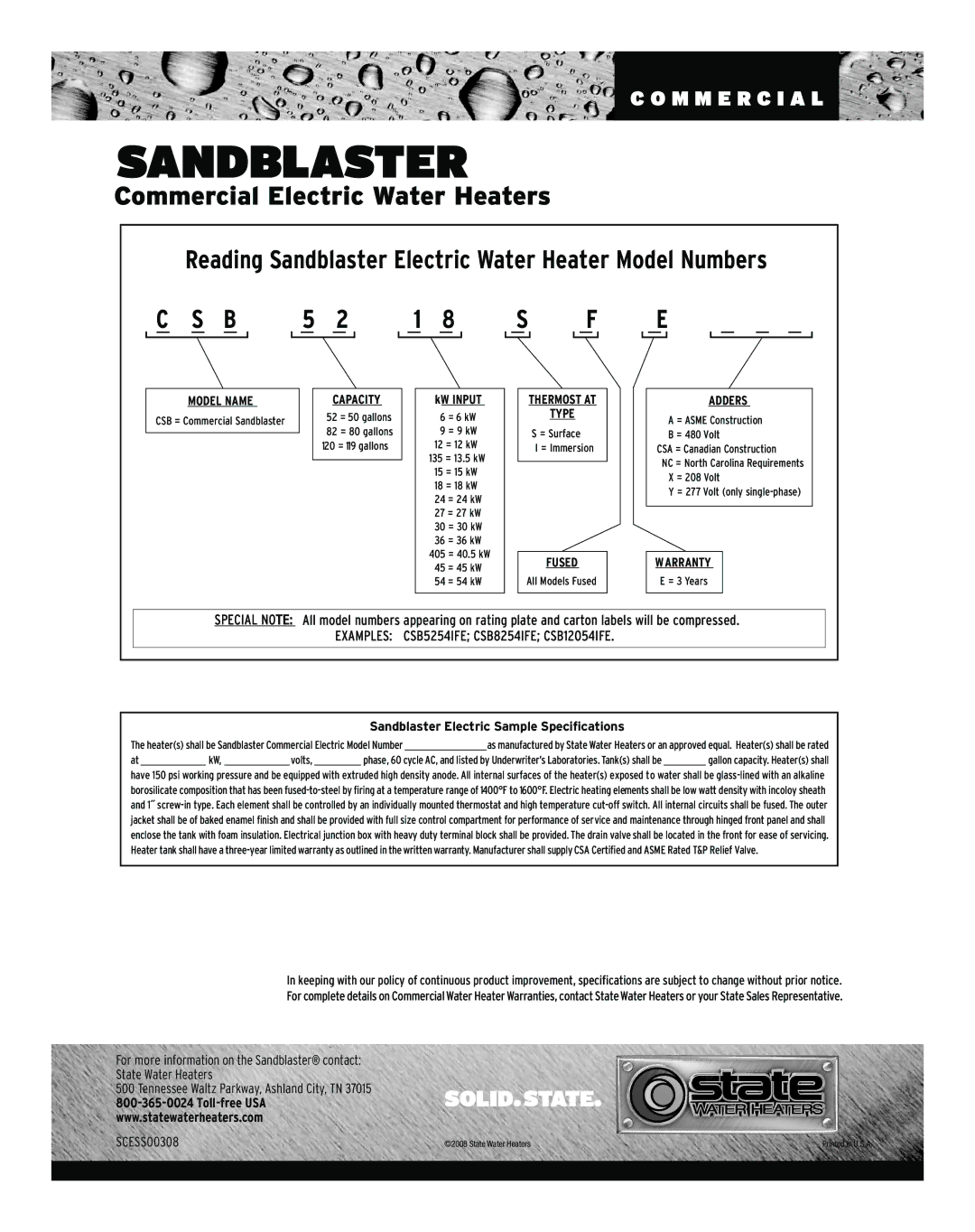 State Industries SCESS00308 warranty KW Input, Sandblaster Electric Sample Specifications 