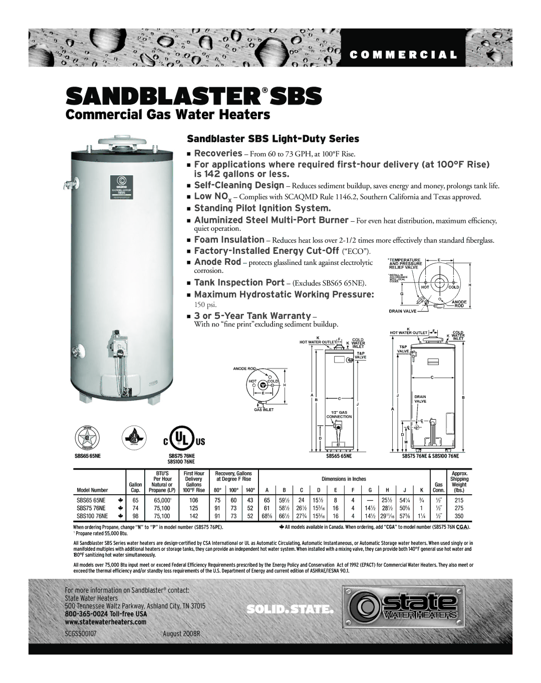 State Industries SCGSS00107 warranty Standing Pilot Ignition System, Factory-Installed Energy Cut-Off ECO 