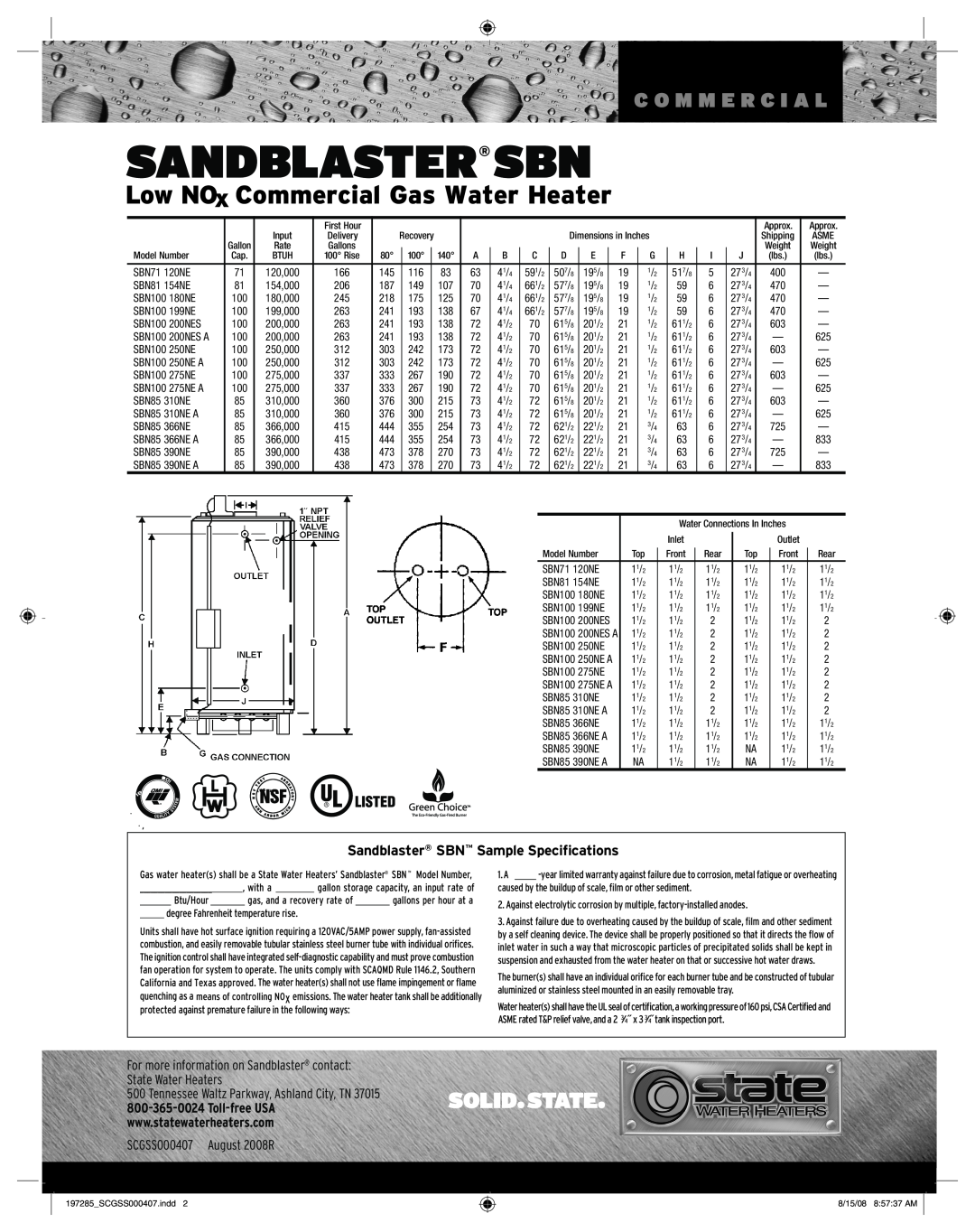 State Industries SCGSS00407 warranty Sandblaster Sbn, Low NOx Commercial Gas Water Heater, C O M M E R C I A L 