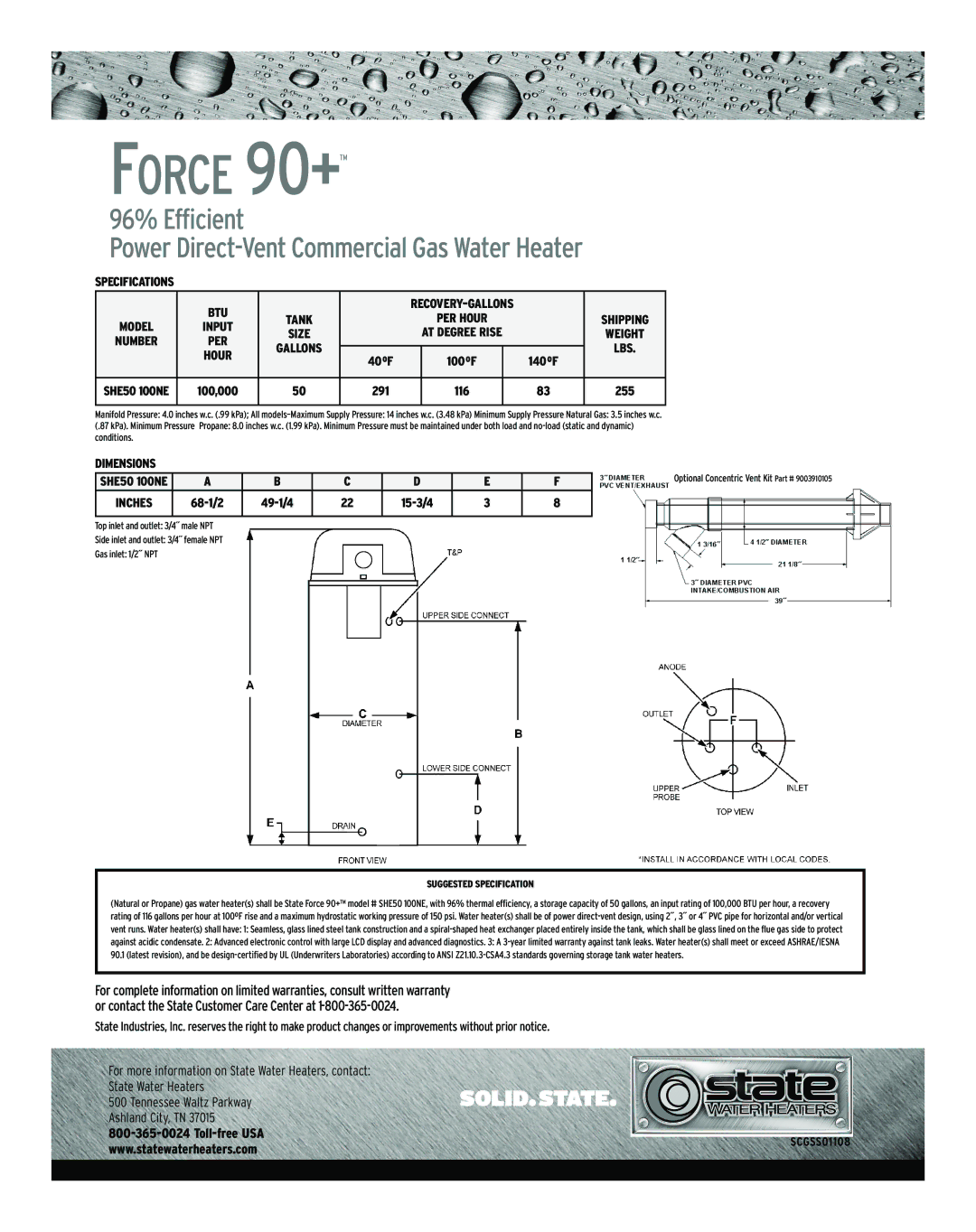 State Industries SCGSS01108 warranty Specifications BTU, Hour, Dimensions 