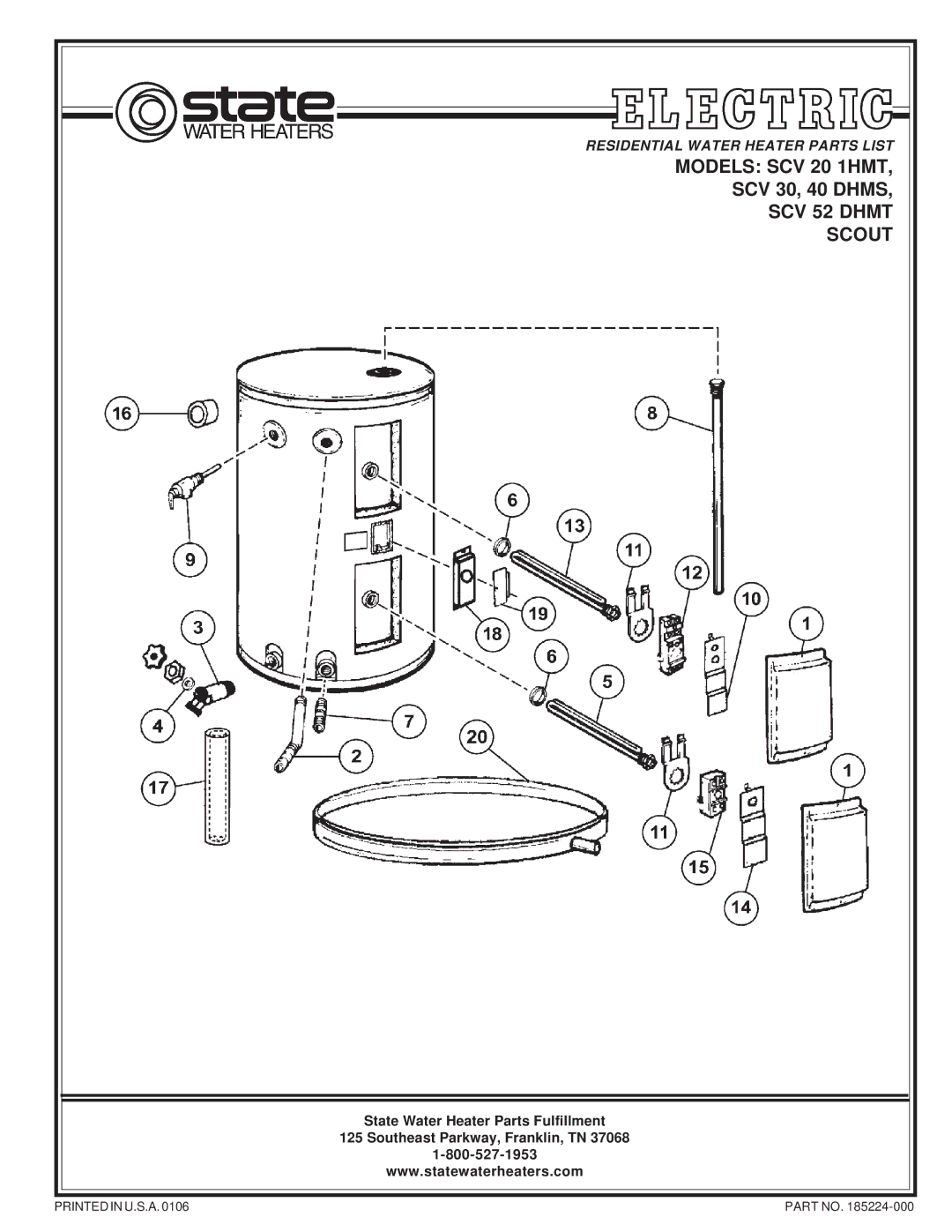 State Industries SCV 30, SCV 52 DHMT, SCOUT, 40 DHMS manual Models SCV 20 1HMT, SCV 52 Dhmt Scout 