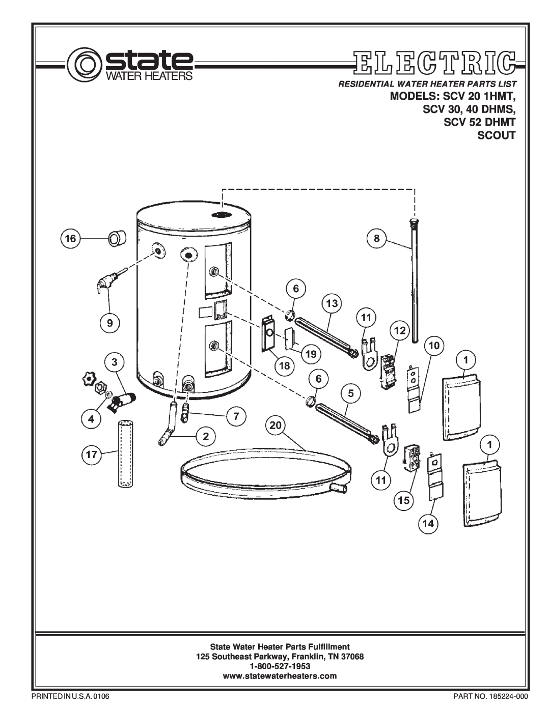 State Industries SCV 30, SCV 52 DHMT manual State Water Heater Parts Fulfillment, Southeast Parkway, Franklin, TN, Scout 