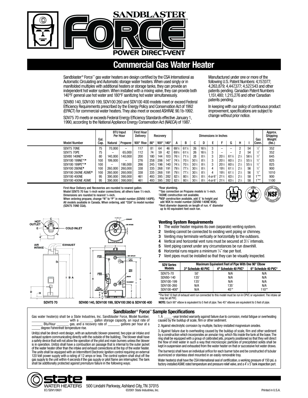 State Industries SDV100-260 BTU Input, Approx, Per Hour, Recovery, Gal, Model Number Cap Natural, Lbs, SDV75 70NE 70,000 