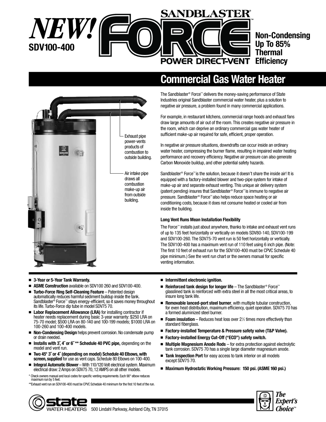 State Industries SDV80-140, SDV100-199, SDV100-260 owner manual Commercial Gas Water Heater, SDV100-400, Expert’s, Choice 