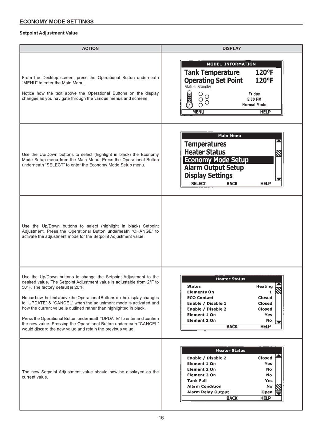 State Industries SEH-200 THRU SEH-10000, SEV-150 THRU SEV-10000 Economy Mode Settings, Setpoint Adjustment Value 